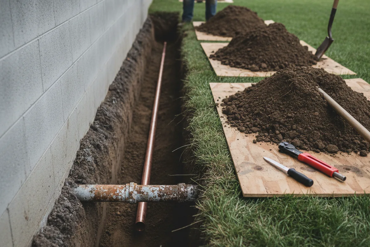 Excavated water line trench during Water Heater Repair in Bridgehampton